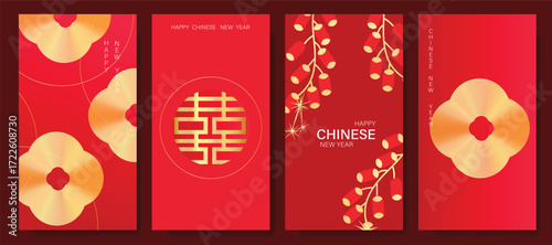 Chinese New Year 2026 hongbao red envelope design vector. Collection of Chinese festival with coin, firecracker. Elegant oriental illustration for ang pao, cover, website, calendar, ads.