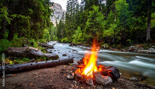 Campfire by a flowing mountain stream