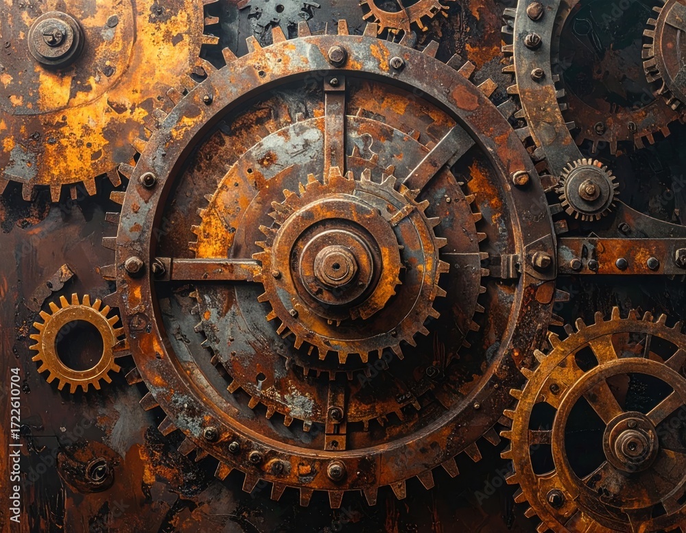 Fototapeta premium Detailed close-up of rusted, interlocked gears, displaying intricate aging and textural complexities. Implies function and past engineering