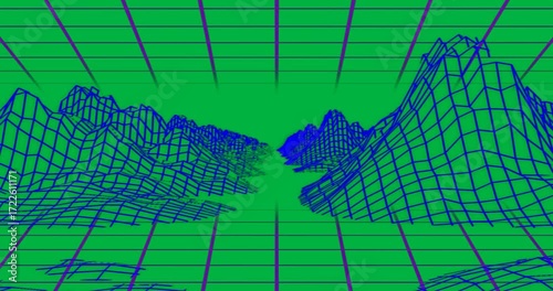 Graphic designers exploring cyber technology, creating neon wireframe valley on transparent grid