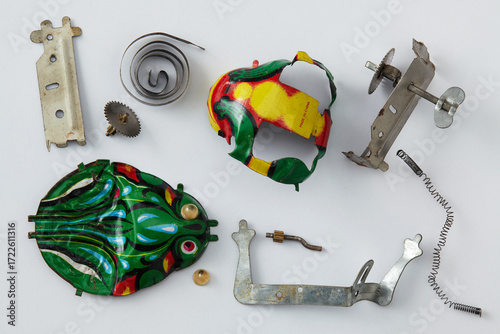 Принти на полотні Dismantled parts of a colourful vintage tin toy in the shape of a frog