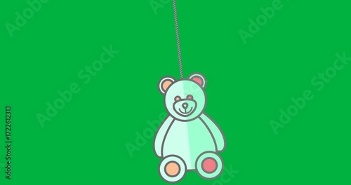 Mint-green teddy bear hanging from vertical zipper in apparel design with transparent background