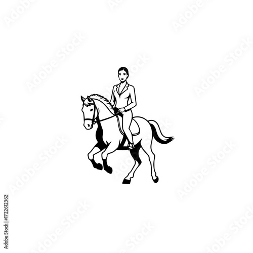 Black and white line art of a beautiful woman with perfect body riding horse elegant minimalist illustration