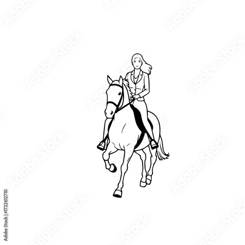 Black and white line art of a beautiful woman with perfect body riding horse elegant minimalist illustration