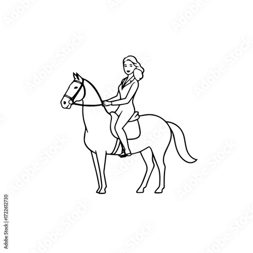 Black and white line art of a beautiful woman with perfect body riding horse elegant minimalist illustration