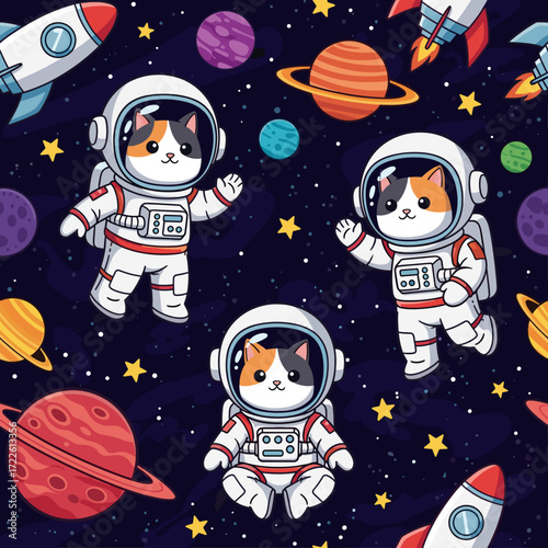 Cute cartoon astronaut cats exploring space with rockets and planets Fun adventure for kids
