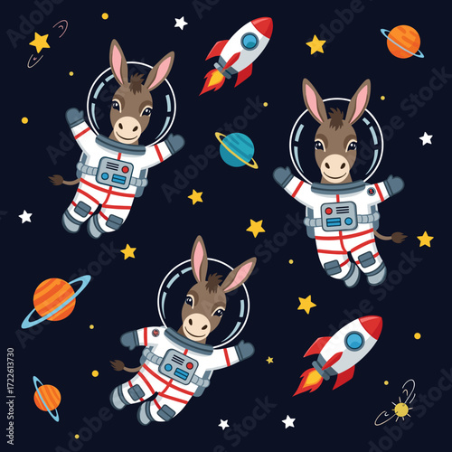 Whimsical cartoon astronaut donkeys float in space with rockets and planets Great for kids designs