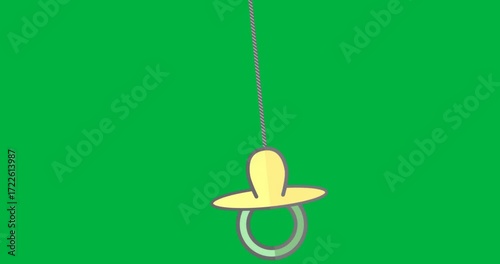 Pacifier graphic swinging on transparent backdrop showing yellow shield, mint handle for baby care