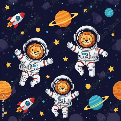 Cute cartoon lion astronauts explore outer space with planets and rockets inspiring adventure