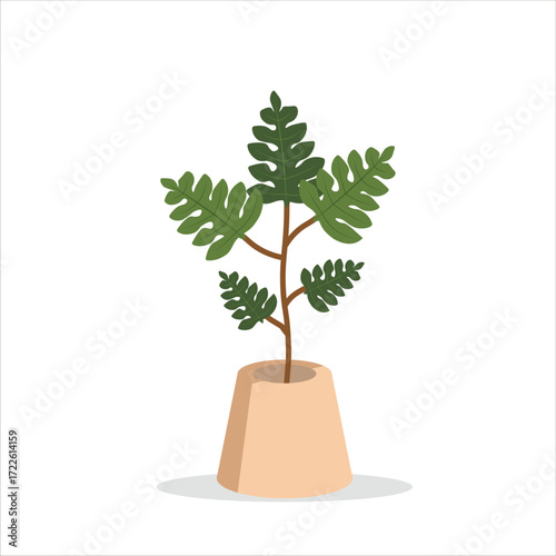 Philodendron Xanadu Decorative Plant on a Pot Colored Flat Illustration