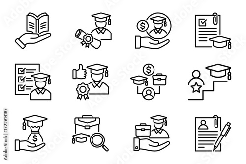 Education icons set on white background. Symbol of education, scholarship, internship, academic, student, entry level for educational programs. Set vector of education icons line editable