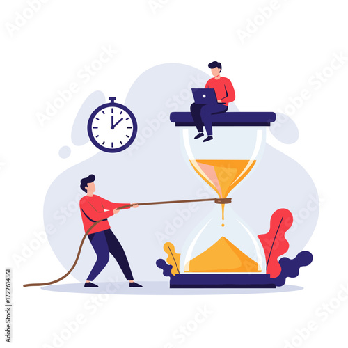 Time Management Concept With People Working On Hourglass.