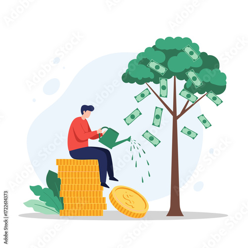 Man watering money tree growing cash coins and bills.
