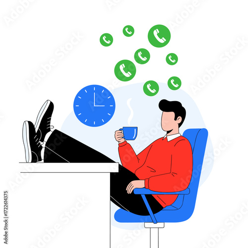 Man Relaxing at Desk with Coffee and Incoming Calls.