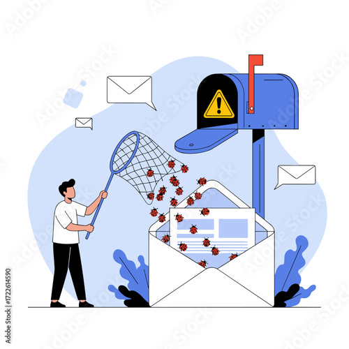 Man Catching Spam Emails with Net from Mailbox.