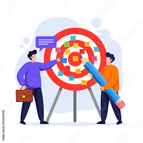 Business people planning strategy on a target board with sticky notes.