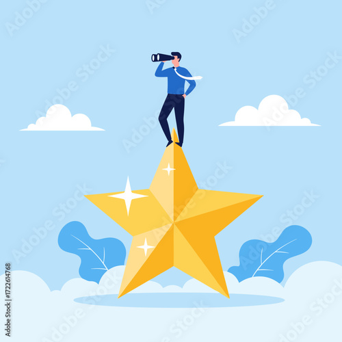 Man Standing on Star Looking Through Binoculars.