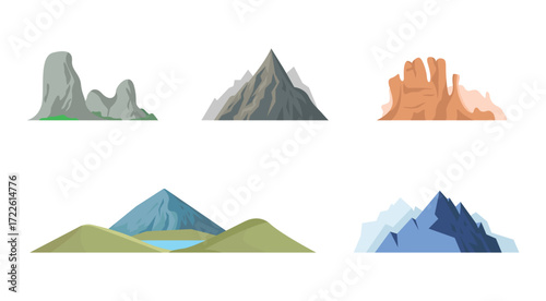 Mountain and Rock Landscape Set With Hills and Peaks — Stylized Nature Illustration.