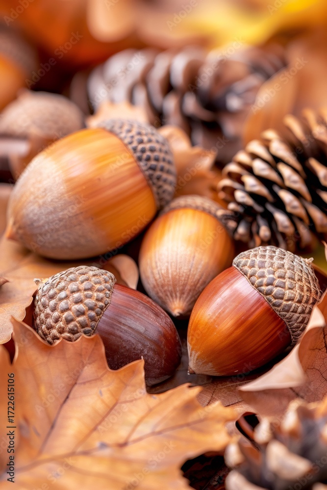 Fototapeta premium Autumn acorns pine cones leaves displaying nature's harvest