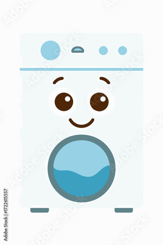 Flat vector illustration of a cheerful washing machine with cartoon smile on a white background