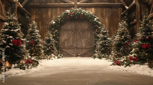 Santa Claus in a rustic workshop set against Christmas entrance large wooden barn arched