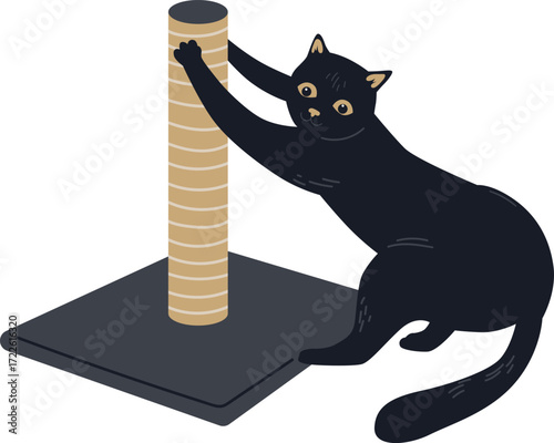 A black cat scratches a sisal rope scratching post