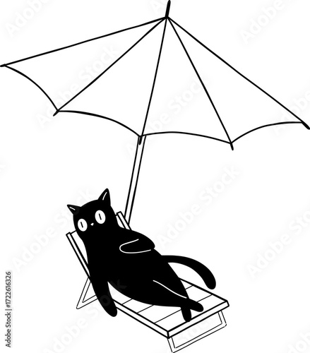 A black cat reclines on a lounge chair under an umbrella