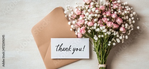 Floral Envelope with a Grateful Note on Simple Background flat lay bouquet pink white