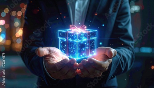 Man Holding Glowing Digital Gift in Dark Background with Bokeh Lights