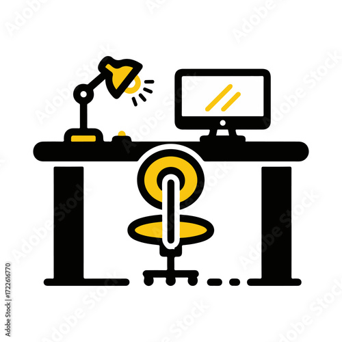 Modern office workplace icon in a minimalist style. Vector illustration of a desk with a computer, lamp, and chair, representing a home office or remote work setup