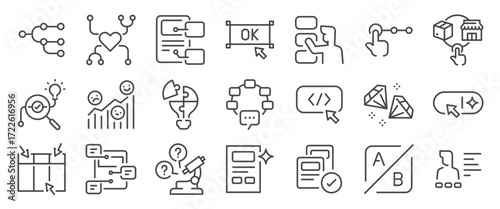 Product design icon set. It included UX, UI, online, customer experience, and more icons. Editable Vector Stroke.