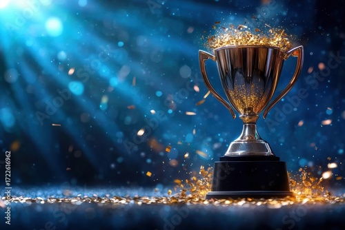 Champion trophy with blue flames and confetti falling on golden black pedestal is