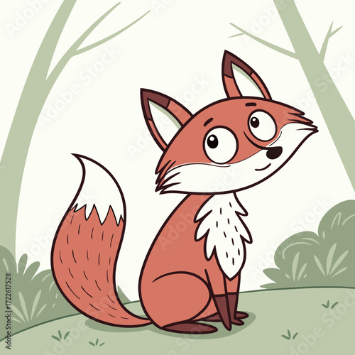 Cartoon fox sitting and looking up with a bushy tail and pointy ears on a white background illustration