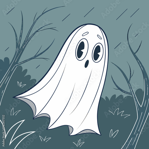 Illustration of a cartoon ghost under a crescent moon with trees and stars in a spooky night scene