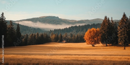 Autumn Landscape: Panoramic View with Muted Neutral Aesthetic in Nature's landscape photograph vast open field