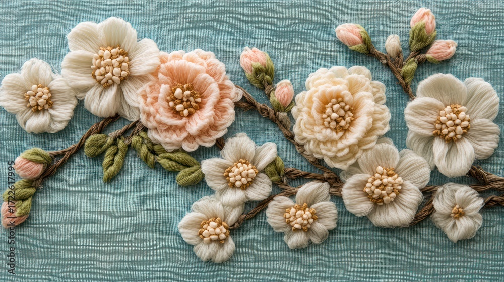 Fototapeta premium Embroidered floral design on light blue fabric