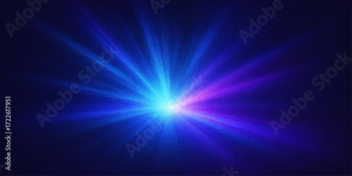 An abstract blue background with a bright light burst and glowing blue rays creates a design of cosmic energy and shine