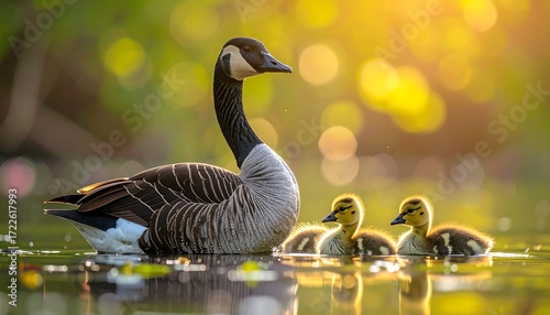 Canada goose family in a sunlit pond