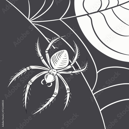 A spider hanging from a web in a grayscale forest with a web on the left and foliage on the right side