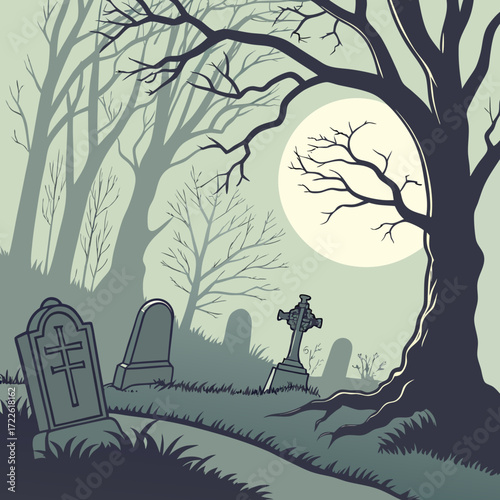 A spooky graveyard scene with tombstones crosses bare trees and a full moon creating a halloween atmosphere