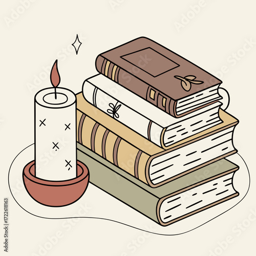 Illustration of a lit candle on a candlestick next to a stack of books with a bookshelf behind it