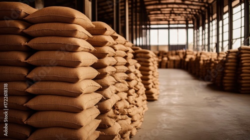 Industrial Storage: Stacked Hemp Sacks of Rice or Coffee in large number top