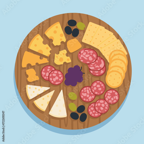 Delicious charcuterie board with assorted cheeses, cured meats, olives, grapes, and crackers arranged on a wooden platter