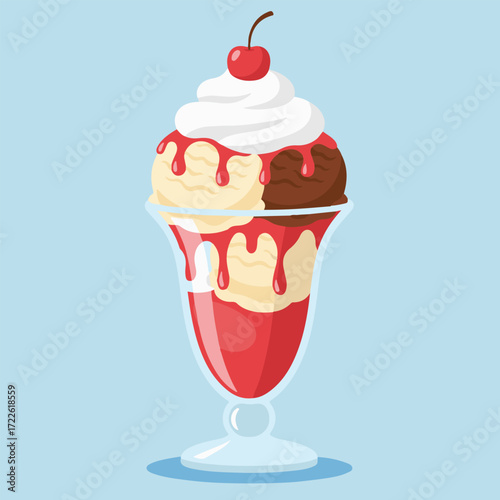 Classic ice cream sundae illustration with vanilla and chocolate scoops, red syrup, and whipped cream, a delicious frozen dessert representing a joyful summer treat
