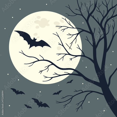 Bats flying in the night sky with a full moon and a bare tree branches in a spooky halloween scene