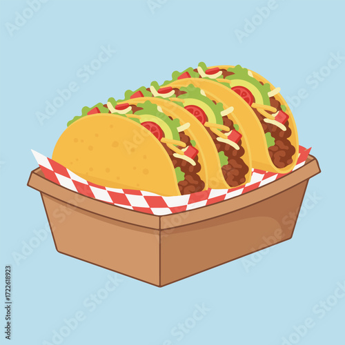 A delicious serving of four crunchy hard-shell tacos filled with seasoned ground beef, cheese, lettuce, and avocado in a takeaway box