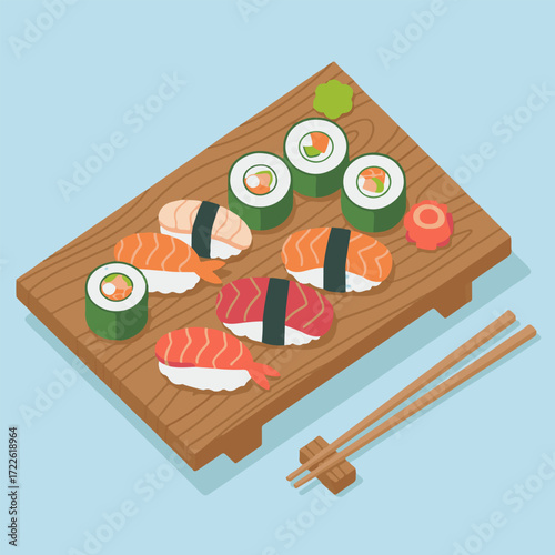 Fresh Japanese sushi platter with nigiri, maki rolls, and chopsticks on a wooden board, ready for a healthy and delicious Asian culinary experience