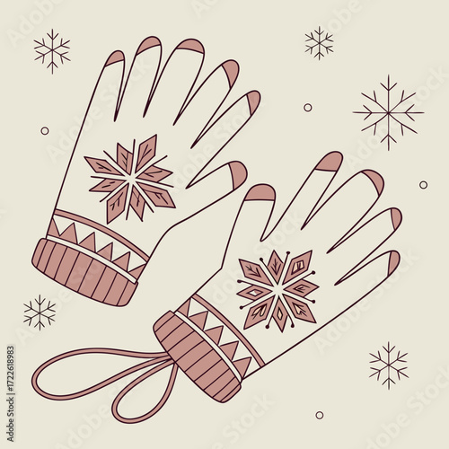 Illustration of a pair of winter mittens with snowflake designs and a string on a light background