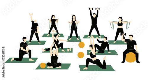 Vector art of diverse group exercising together in a fitness class