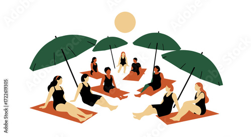 Vector art of diverse group of women relaxing under umbrellas on beach